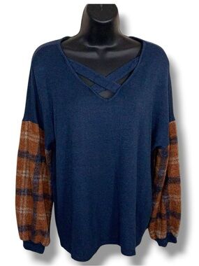 Small Haptics By Holly Harper Navy Blue Brick Orange Plaid Long Puff Sleeves